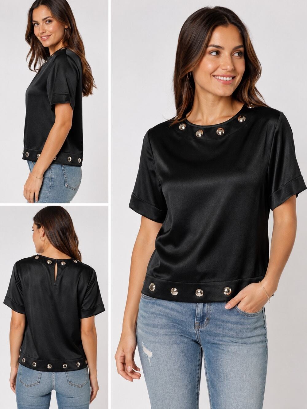 Adam Selman black grommet embellished short sleeve oversized top. Sz L